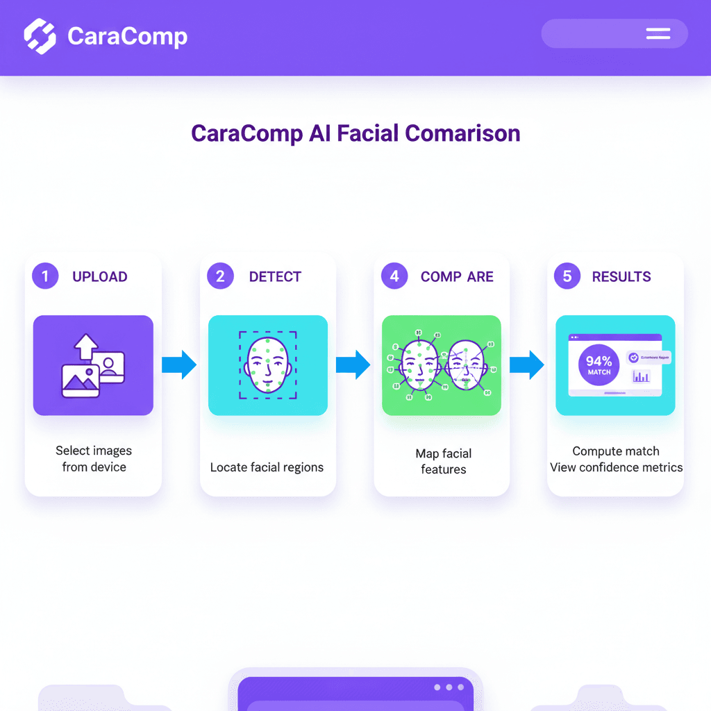 Five-step workflow showing facial comparison process from upload through detection, analysis, comparison, to results display