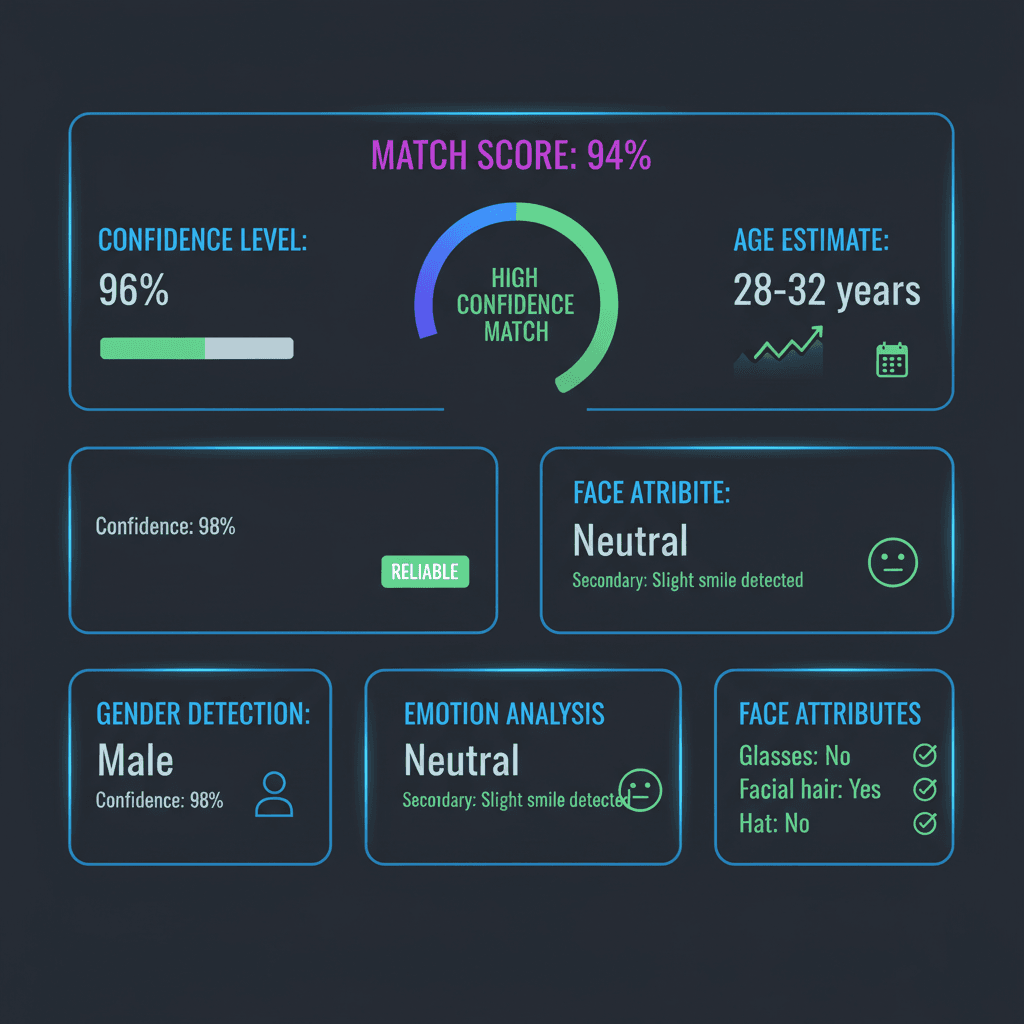 AI facial comparison dashboard showing 94% match score, confidence level, age estimate, gender, emotions, and facial attributes