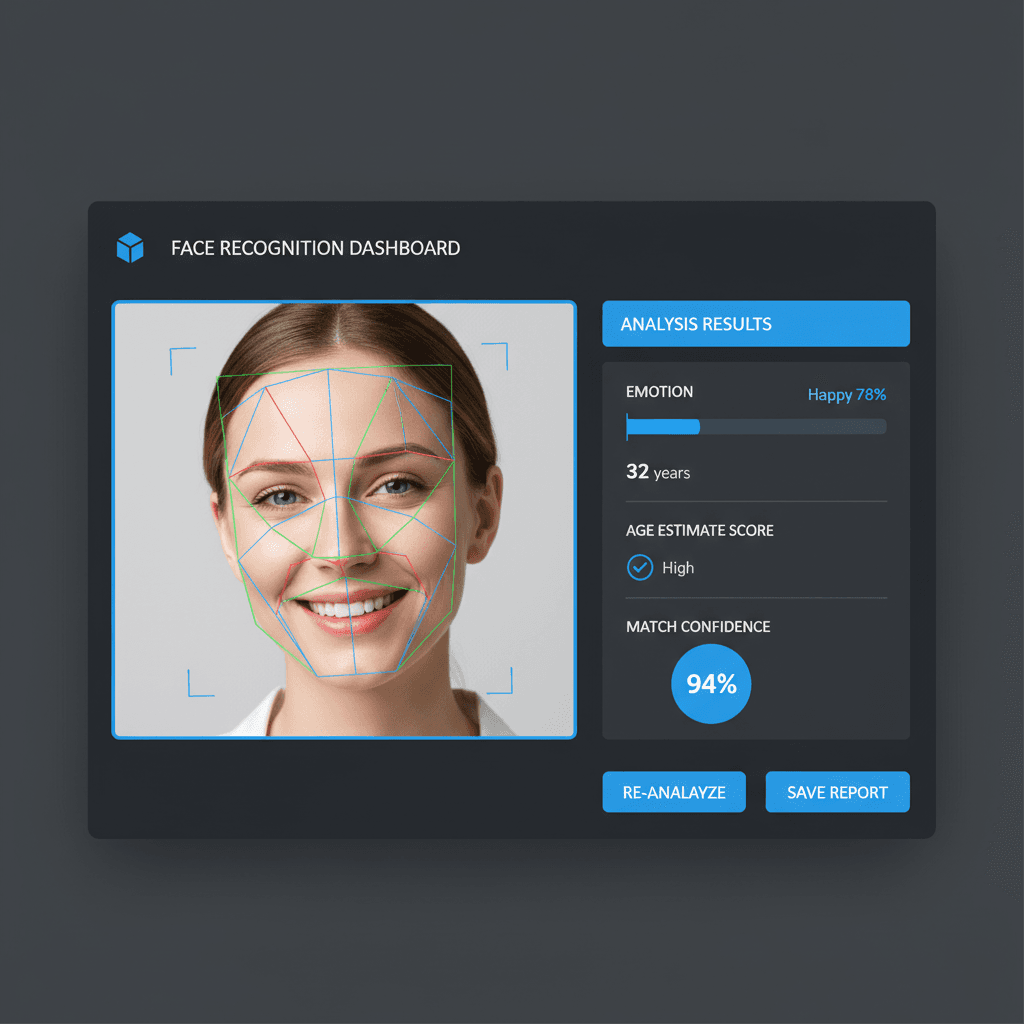 Facial recognition analysis results showing emotions, age estimation, gender classification, and 87% match score