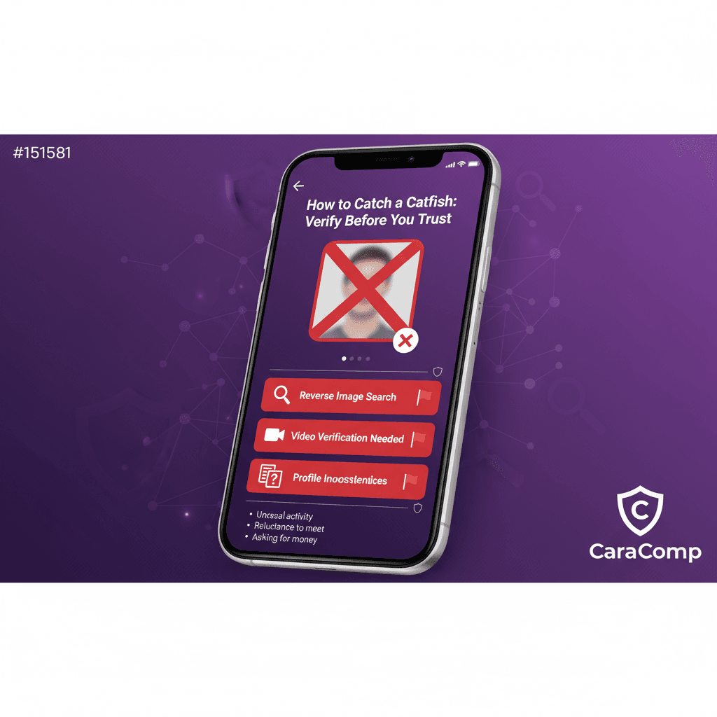 Online dating app profile showing catfish detection red flags with reverse image search and video verification indicators