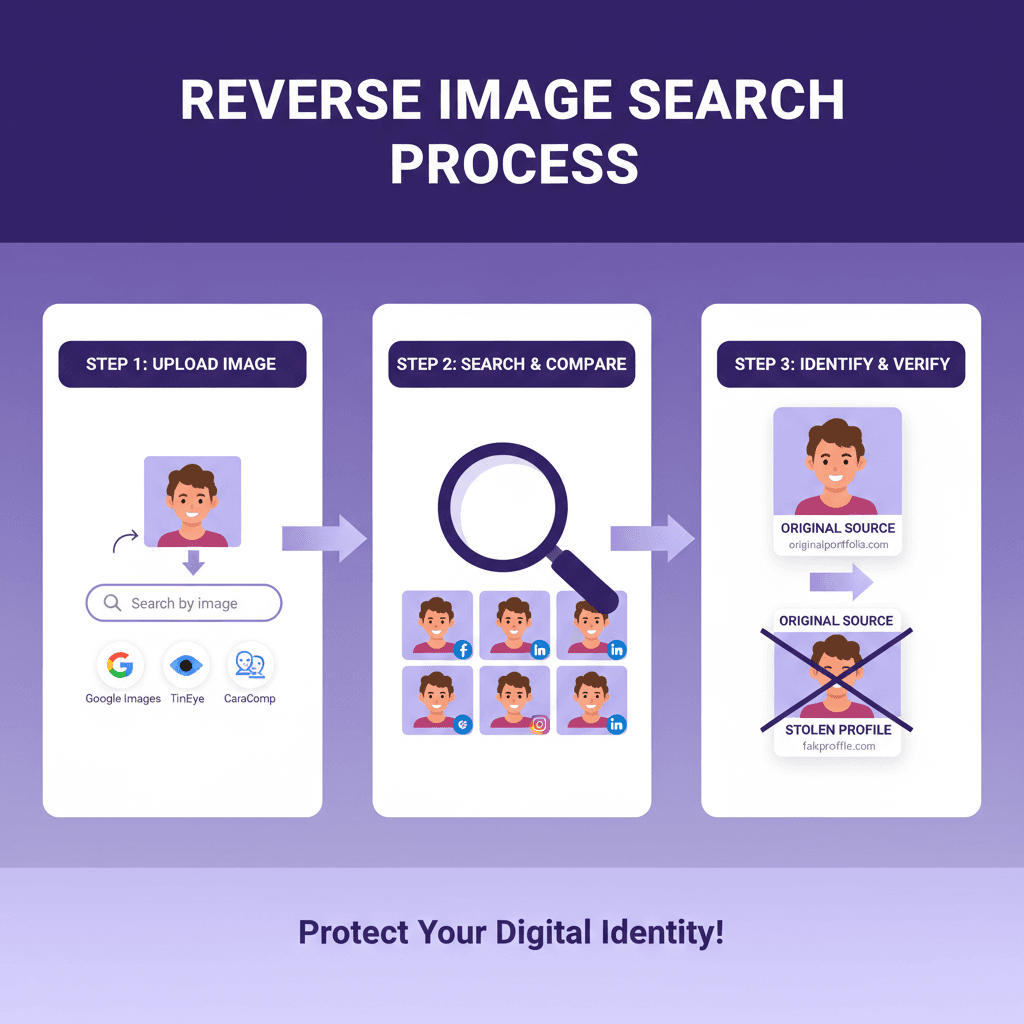 Reverse image search process showing how to catch a catfish by discovering stolen photos across multiple websites