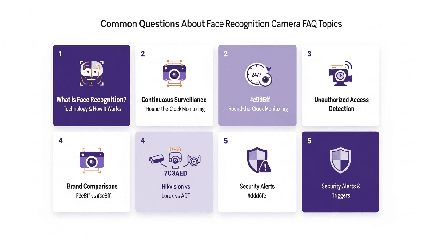 Frequently asked questions about face recognition cameras visualized in icon grid