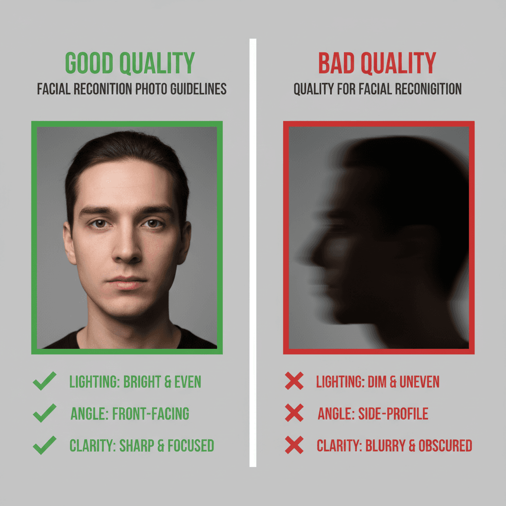 Comparison showing good versus bad photo quality for FamilySearch facial recognition, demonstrating proper lighting and face positioning for accurate genealogy matches