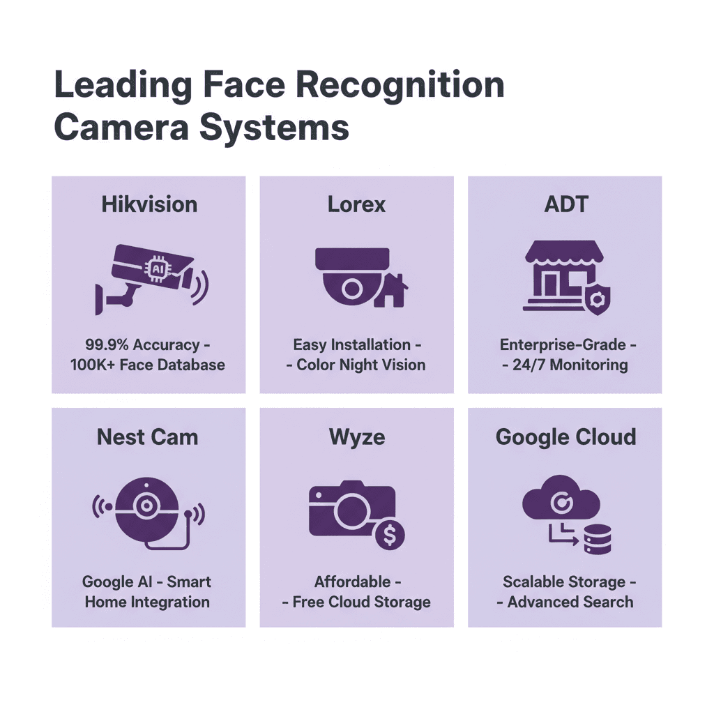 Comparison of top face recognition camera brands: Hikvision, Lorex, ADT, Nest Cam, Wyze, and Google Cloud