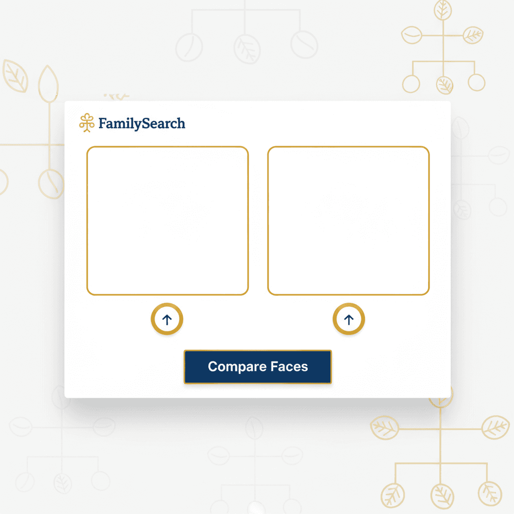 FamilySearch compare a face interface showing facial recognition matching between modern photo and ancestor portrait in family tree genealogy research