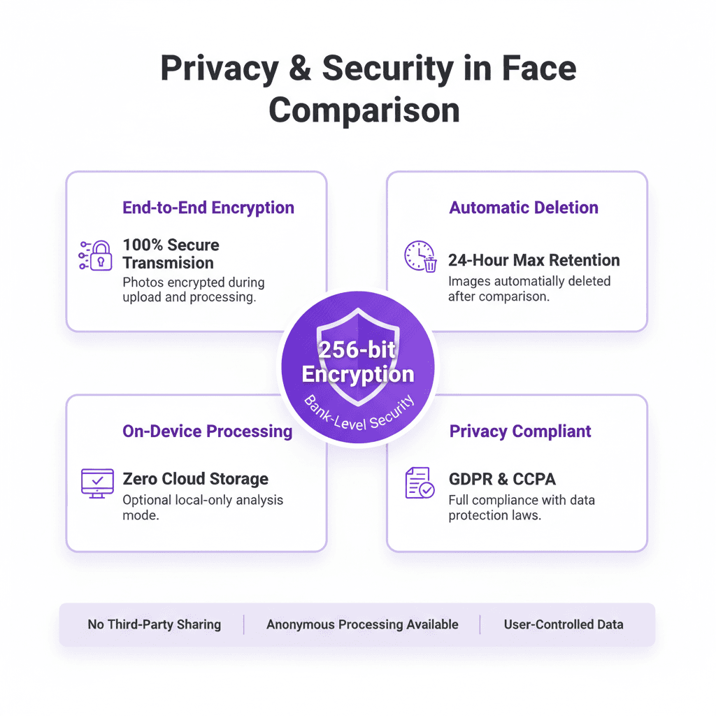 Privacy and security dashboard showing image encryption, auto-delete features, and compliance protections