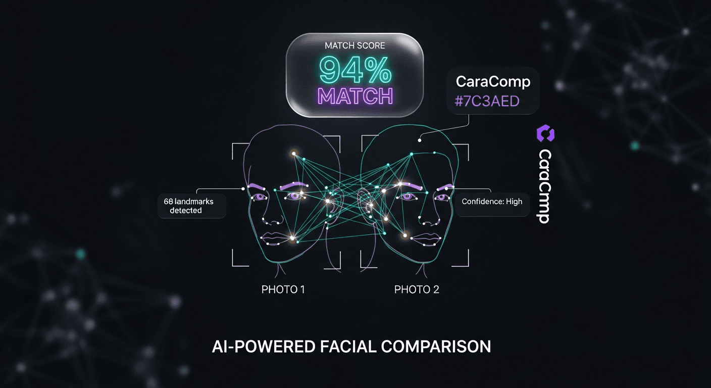 AI facial comparison technology showing two faces with glowing facial landmarks, match score, and technical overlay visualization