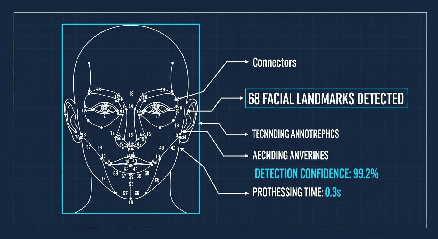 Technical diagram showing 68 numbered facial landmark points mapped on a human face with bounding boxes and detection metrics