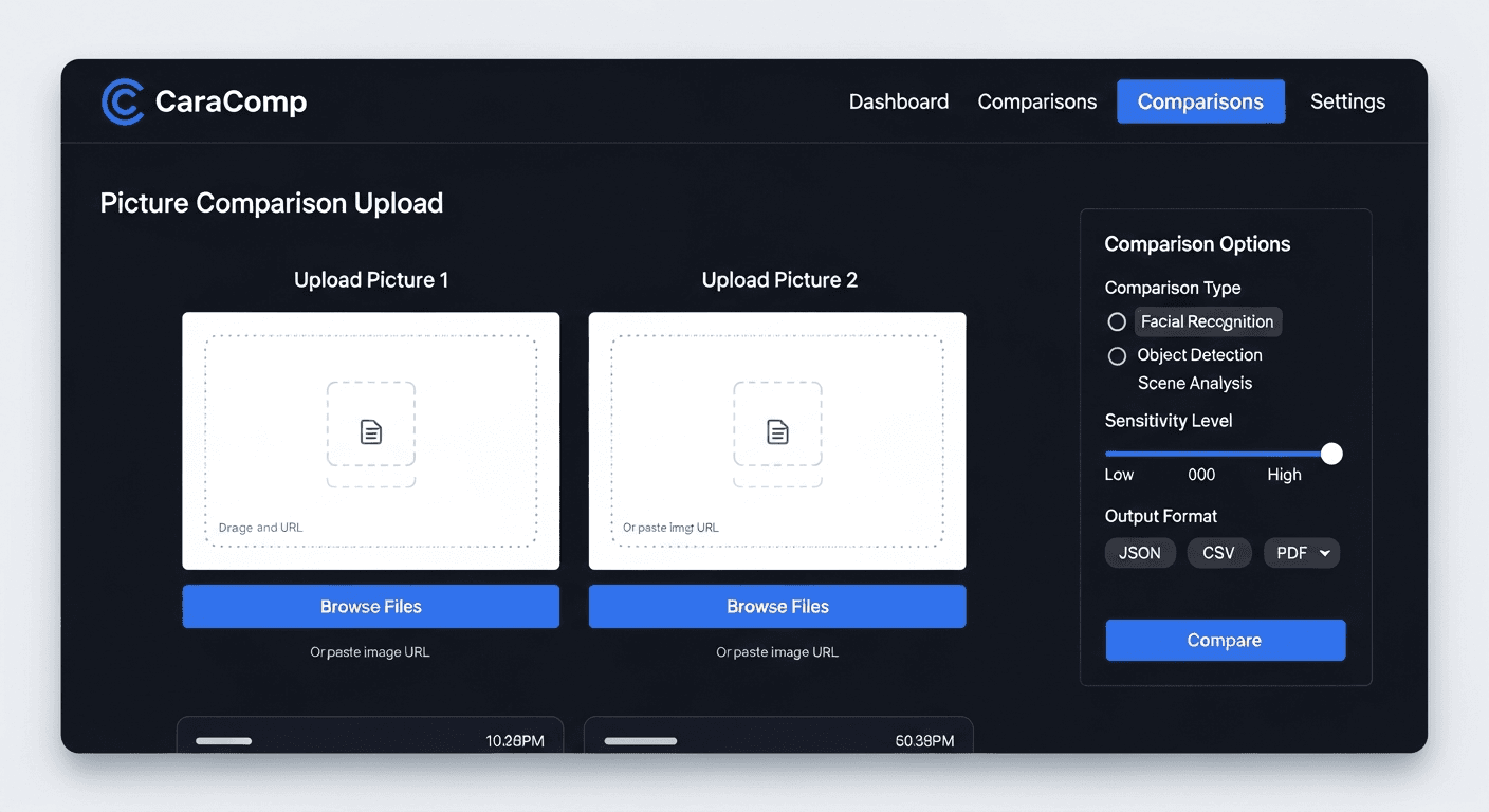 CaraComp picture upload interface with drag-and-drop zones for target and source images