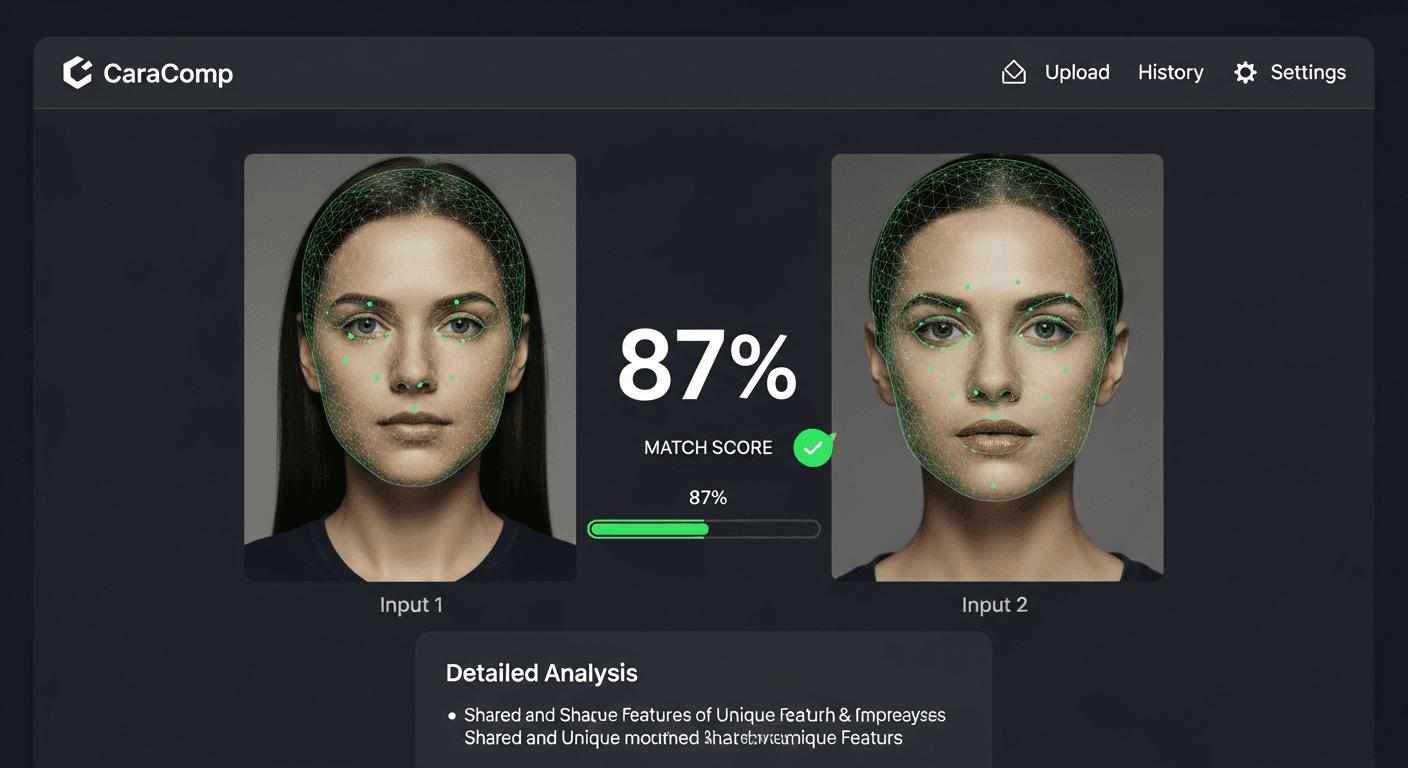 CaraComp results display showing 87% match score in green badge with facial recognition overlays and bounding boxes