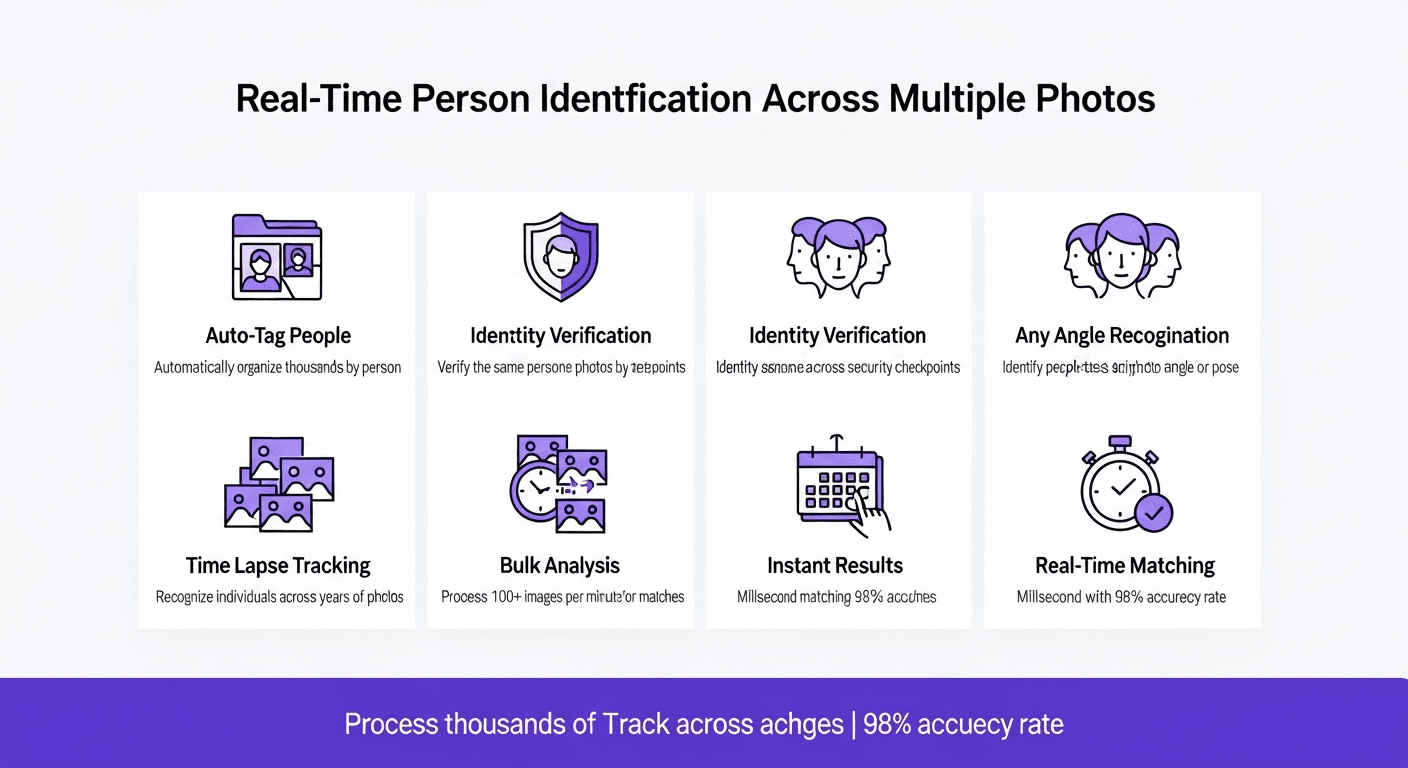 Real-time person identification dashboard showing recognition analysis across multiple photo images