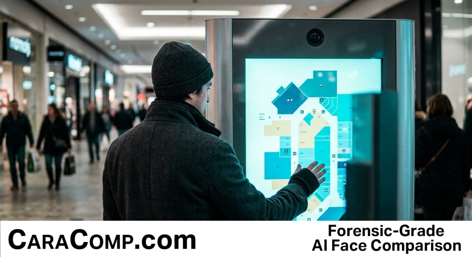 biometric data definition shown as mall directory camera scanning shopper faces into numeric code