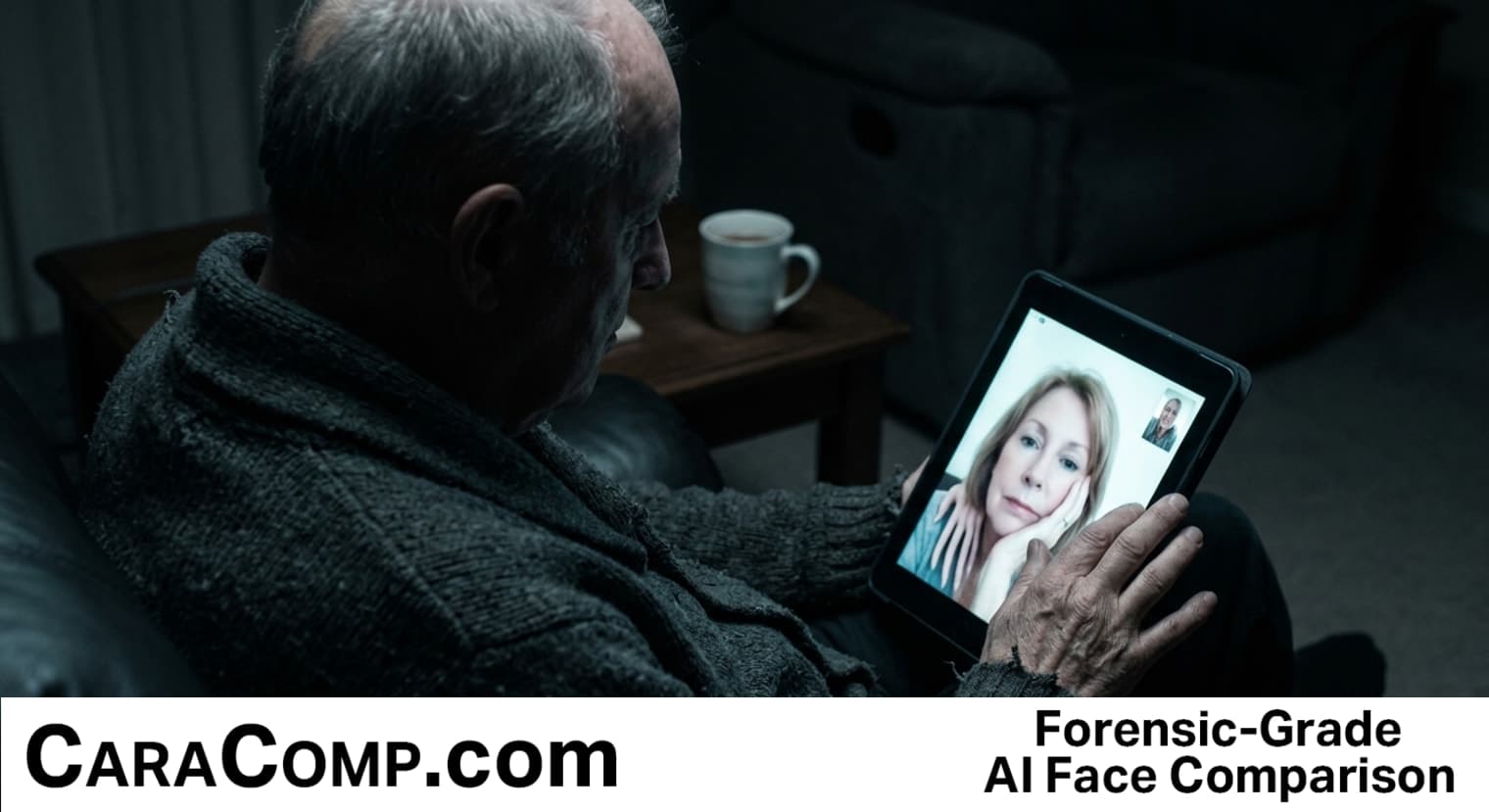 australia deepfake romance, deepfake, elderly man staring at phone showing AI-generated woman's video call
