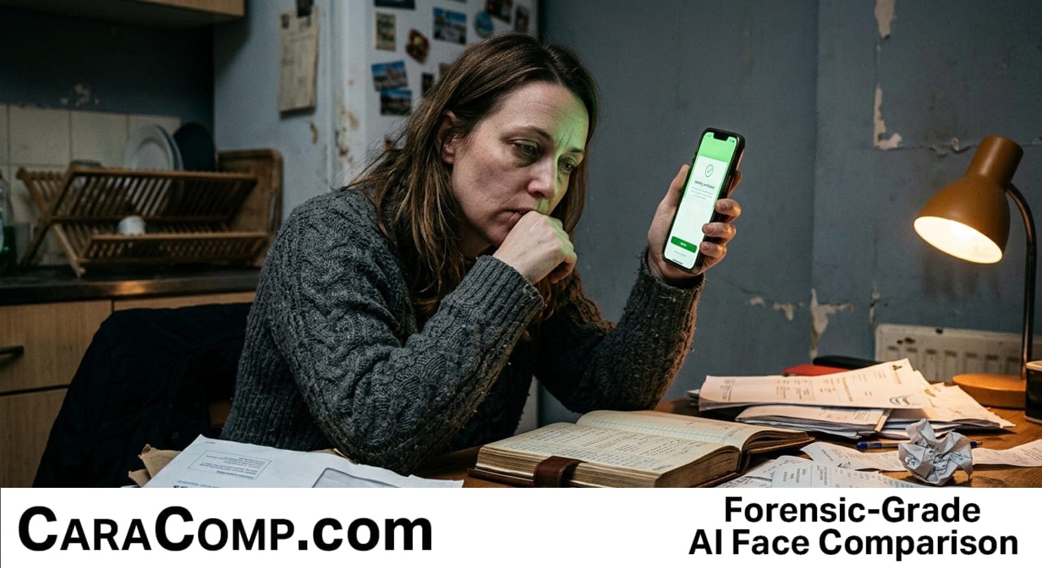 online identity verification compares presented data split screen face scan versus credit score dial