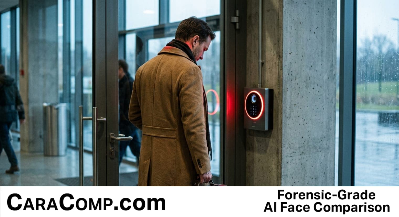 biometric building access control, uses physical characteristics, split screen face scan next to locked apartment door