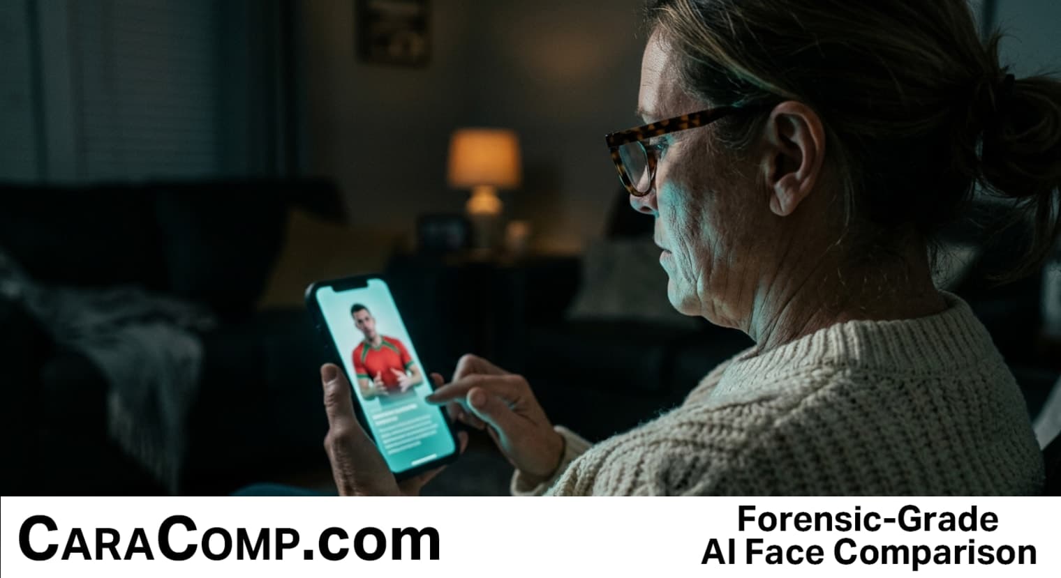 celebrity deepfake video, skin appears too smooth, phone screen showing fake Ronaldo endorsement video