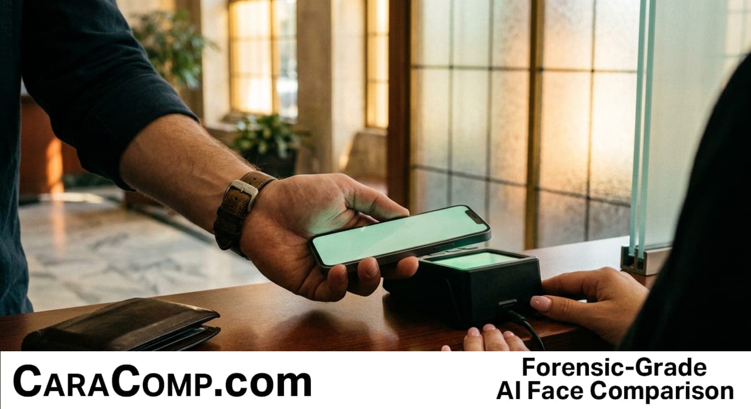 mobile identity verification proving one fact without exposing every detail, phone tapping bank kiosk with ID card fading