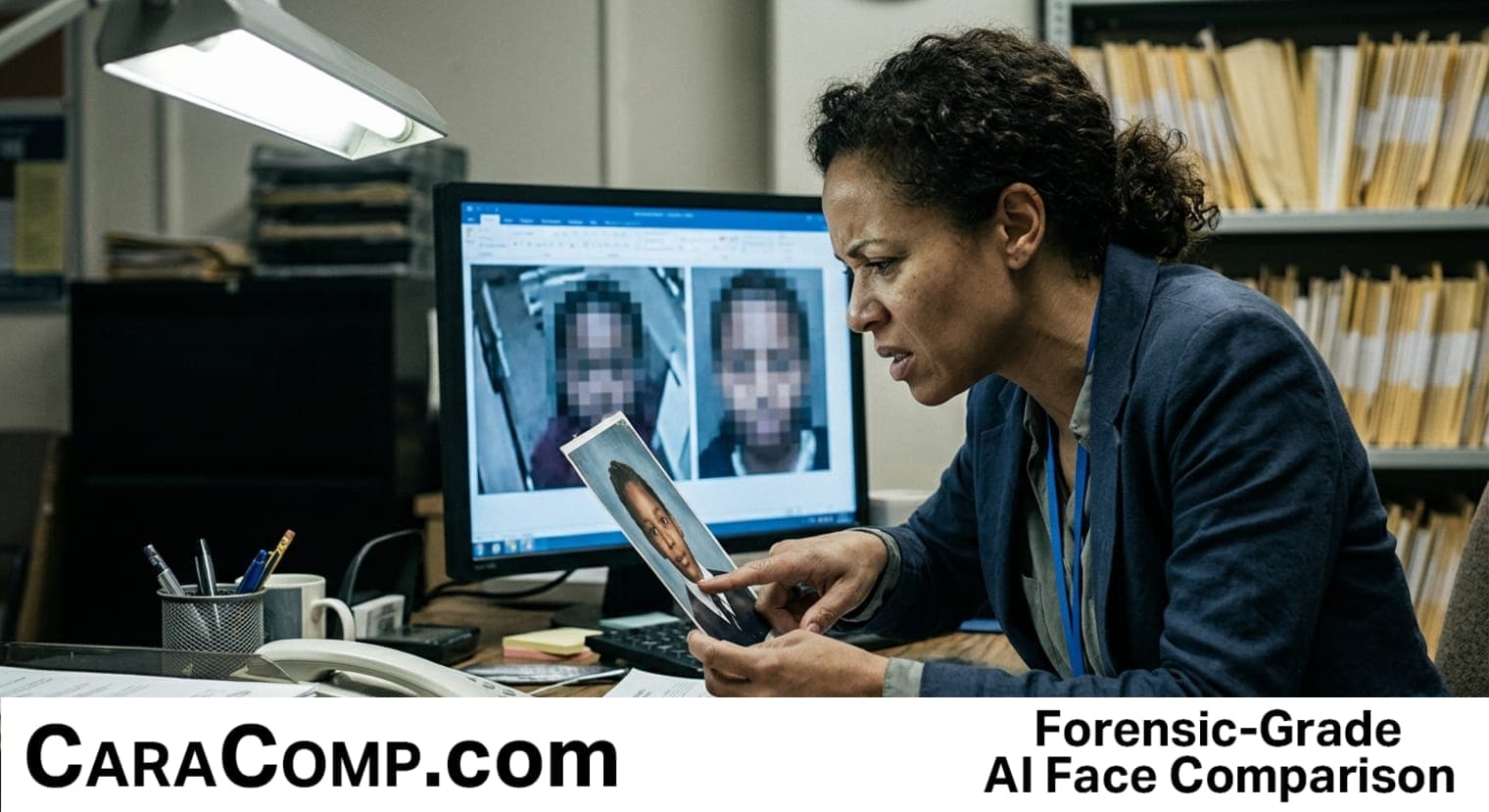 facial comparison, compare two faces, worried parent looking at phone with a school photo and a blurred AI-image warning icon