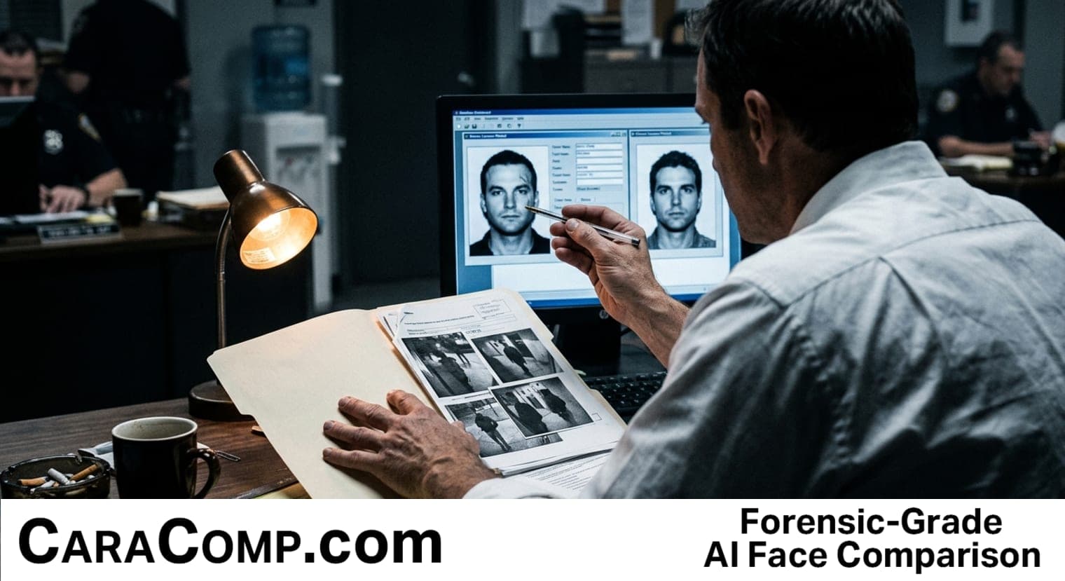 police facial recognition, treats a match as a starting point not an ending point, two abstract face silhouettes with a red mismatch icon between them