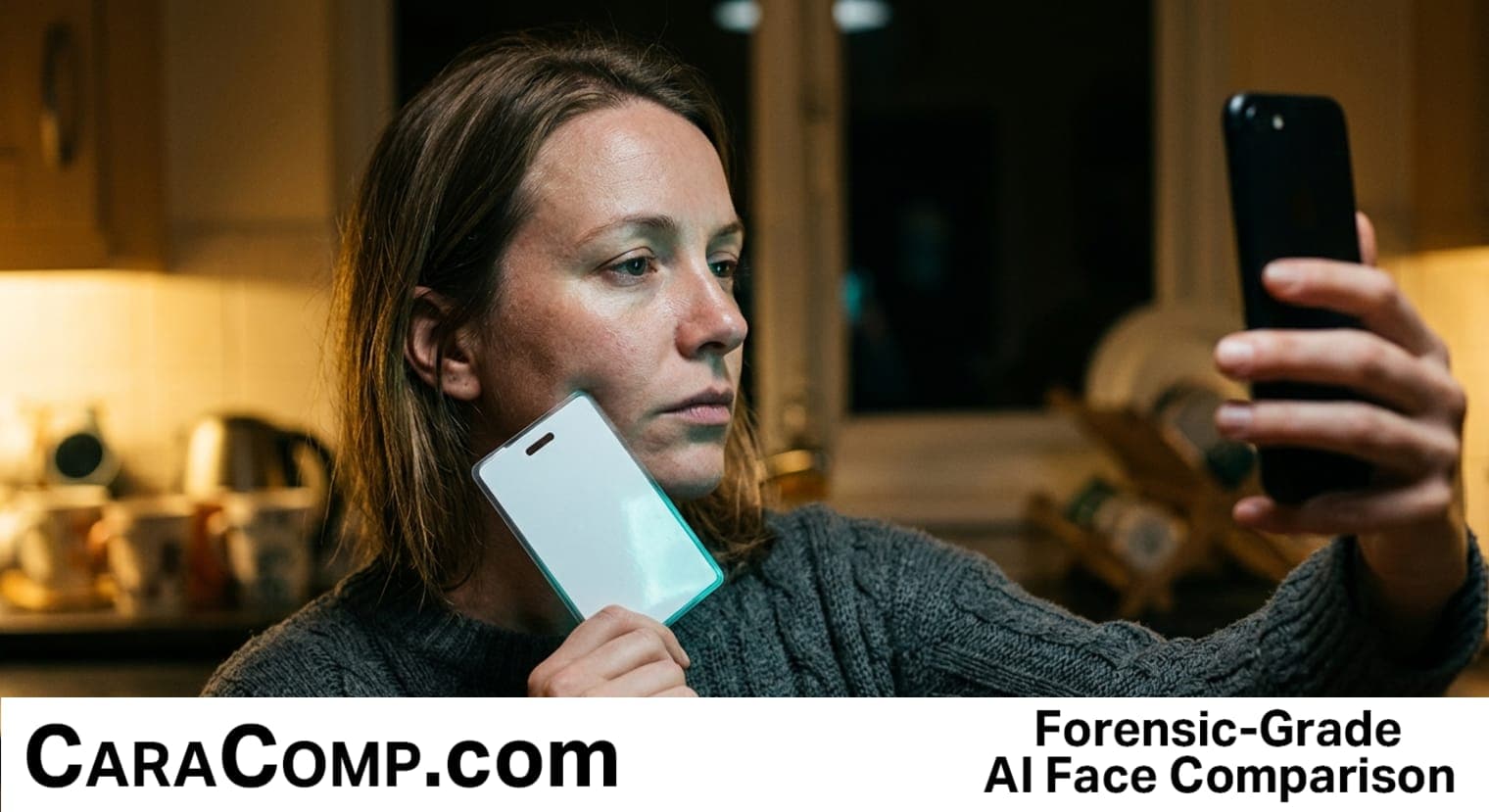 identity verification process, id document verification, a phone camera scanning a face beside a printed ID card