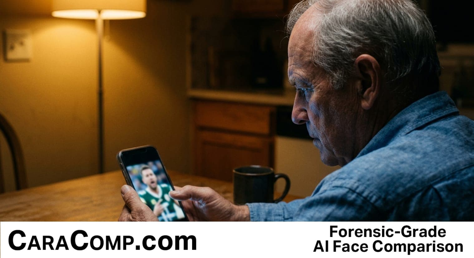 ai generated deepfake, deepfakes, stylized synthetic footballer face on a phone screen during a video call