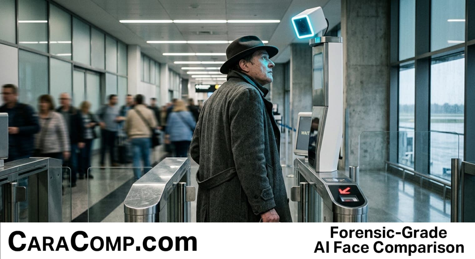 airport biometrics, biometrics at airports, travelers walking toward a glowing face-scan gate in a terminal