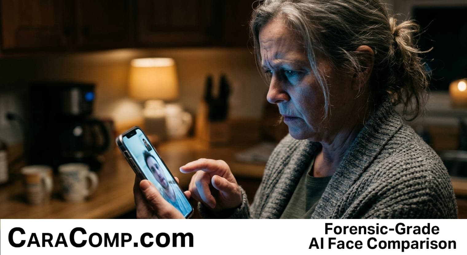 deepfake financial fraud, AI voice scam, cracked video call frame on a dark phone screen