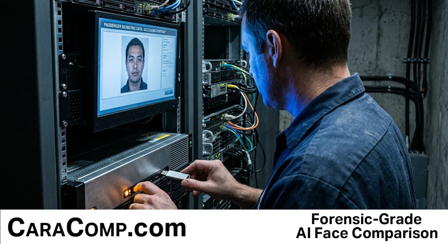tsa facial recognition checkpoint with a face scan frame over an airport terminal silhouette