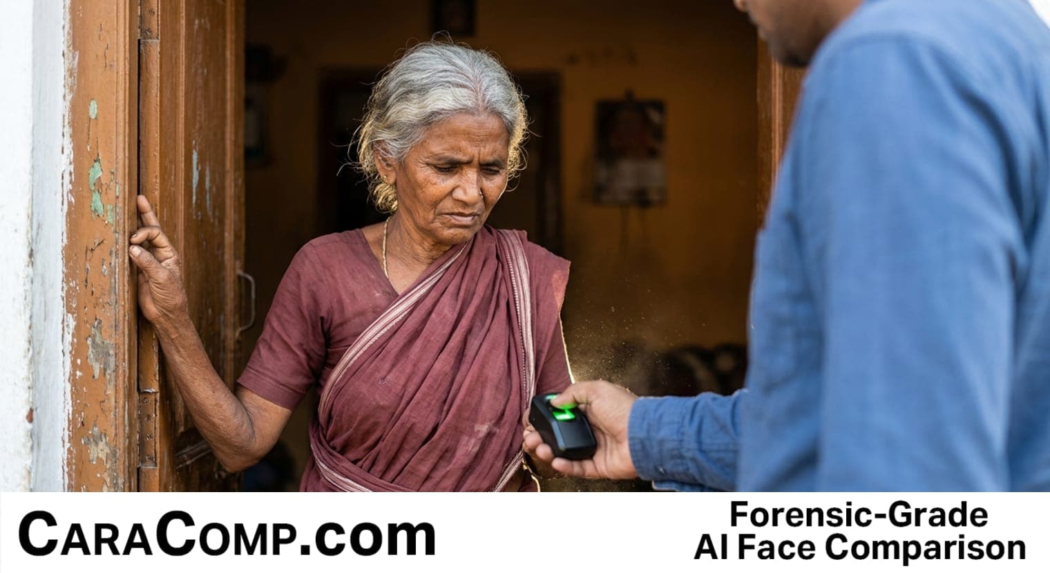 delhi pension verification, door-to-door biometric check, official scanning an elderly man's fingerprint at his front door