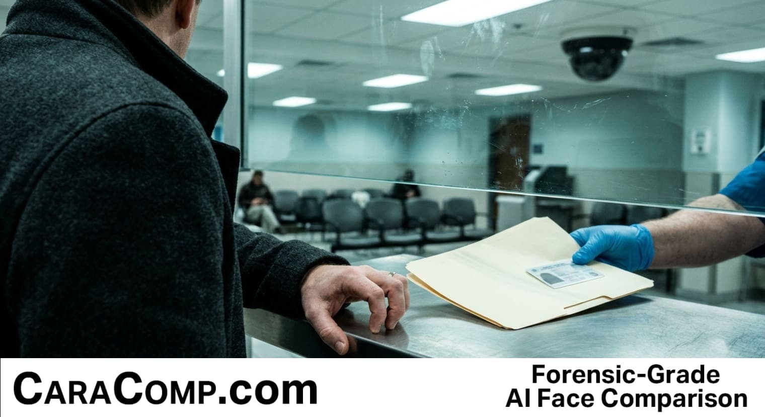 asc biometrics appointment upon arrival, a person holding a paper notice and photo ID at a desk